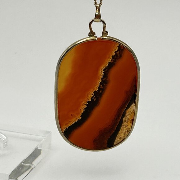 Vintage 1/20 12K GF Agate Pendant Necklace Oval Banded Stone on Gold Tone Chain - Picture 1 of 9